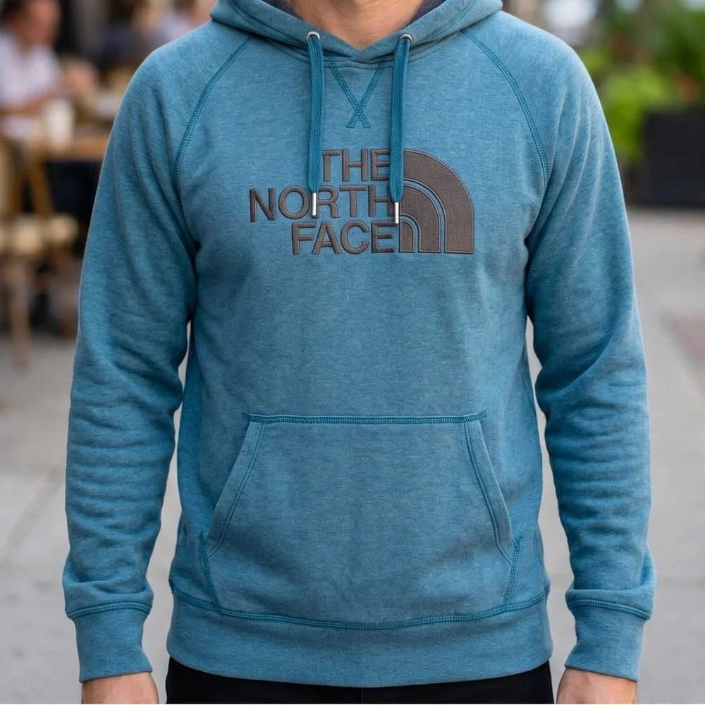 The‎ North Face Mens Pullover Hoodie Heathered Teal Blue Embroidered Logo Fleece